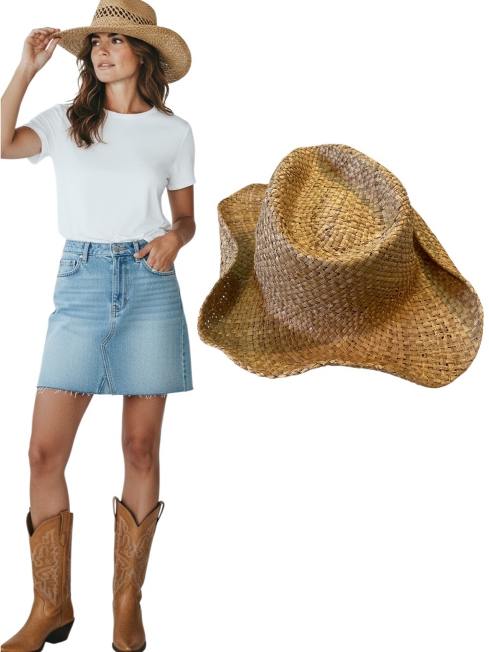 Vintage Handwoven Straw Cowboy Hat Natural Tan Boho Western Festival Beach